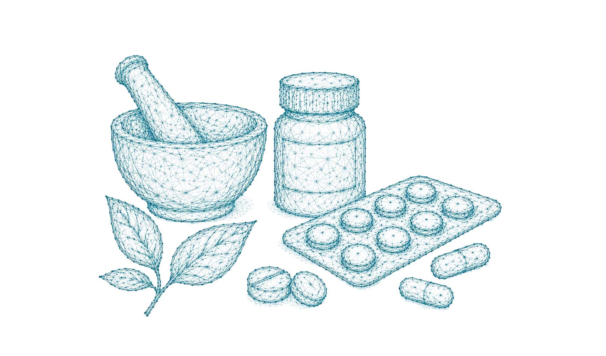 Medikamentenflasche, Tabletten und Mörser