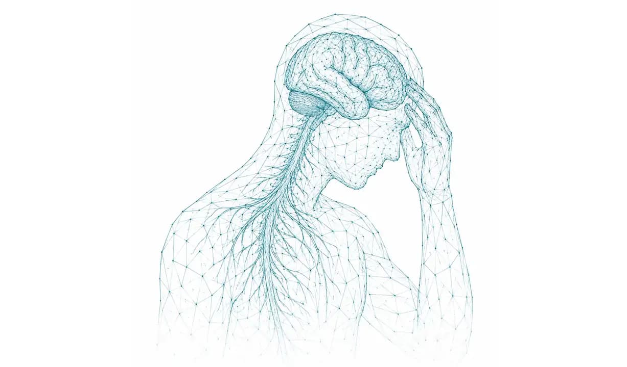 Person mit sichtbarem Gehirn und Nervensystem als Symbolbild für die Psychosomatische Medizin