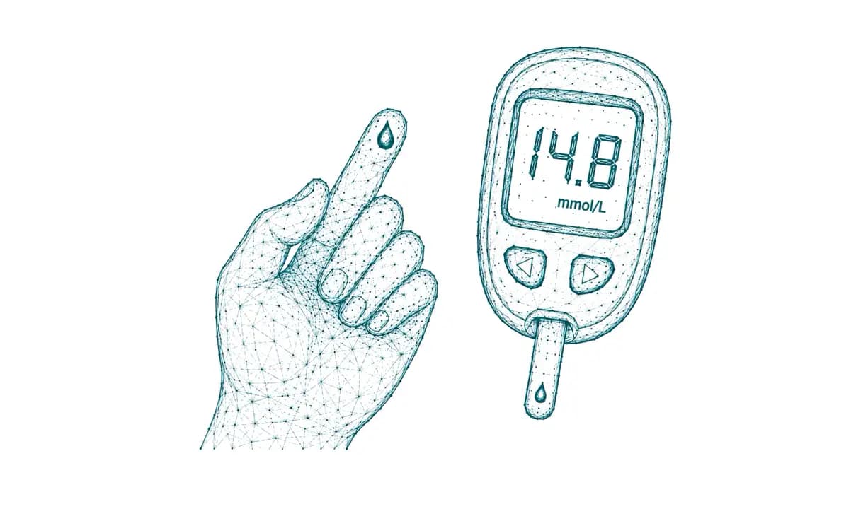 Finger mit Blutstropfen zur Blutzuckermessung