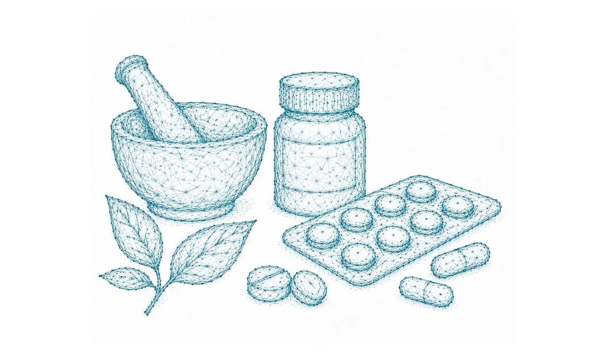 Medikamentenflasche, Tabletten und Mörser