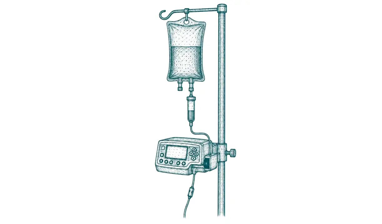 Infusionspumpe mit Blutbeutel am Infusionsständer zur kontrollierten Gabe von Blutprodukten in der Transfusionsmedizin