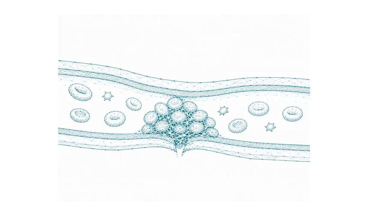 Blutgefäß mit Thrombus aus Blutplättchen und Fibrinnetz