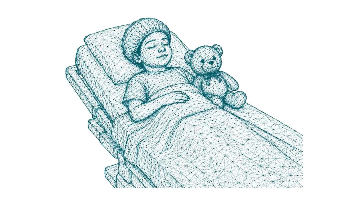 Kind im Patientenbett mit Teddybär