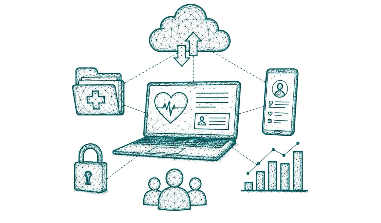 Laptop mit Cloud, DiGA, elektronischer Patientenakte und Datenschutz-Symbolen